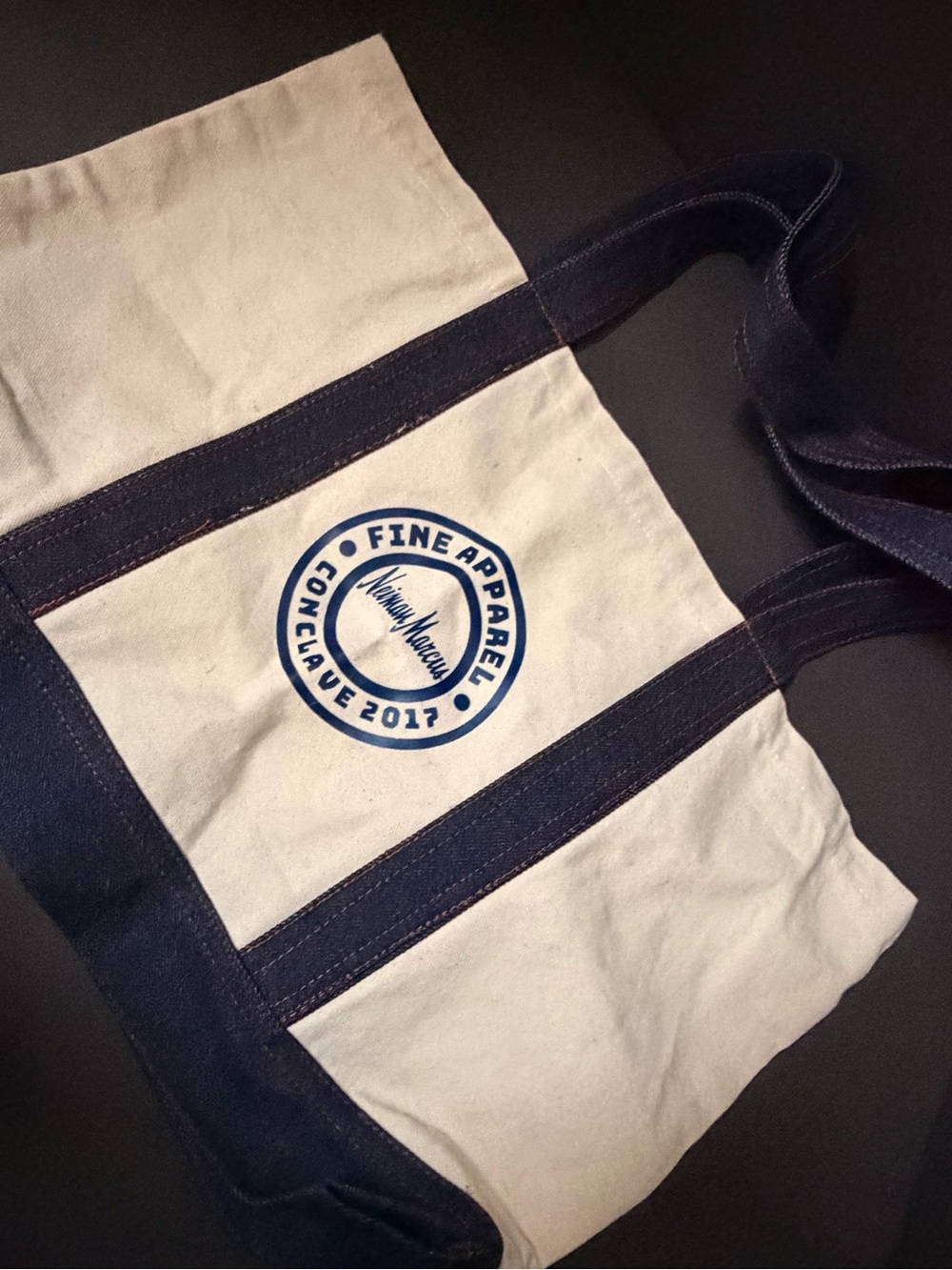 Neiman Marcus Men's Cream and Navy Canvas Messenger Tote